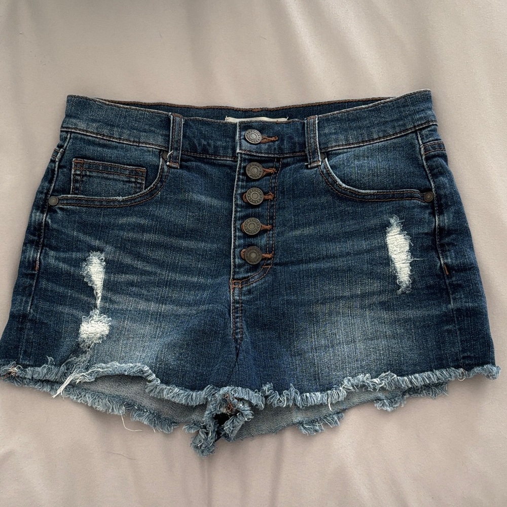 Refuge Dark Blue Jean Shorts with Frayed Hem
